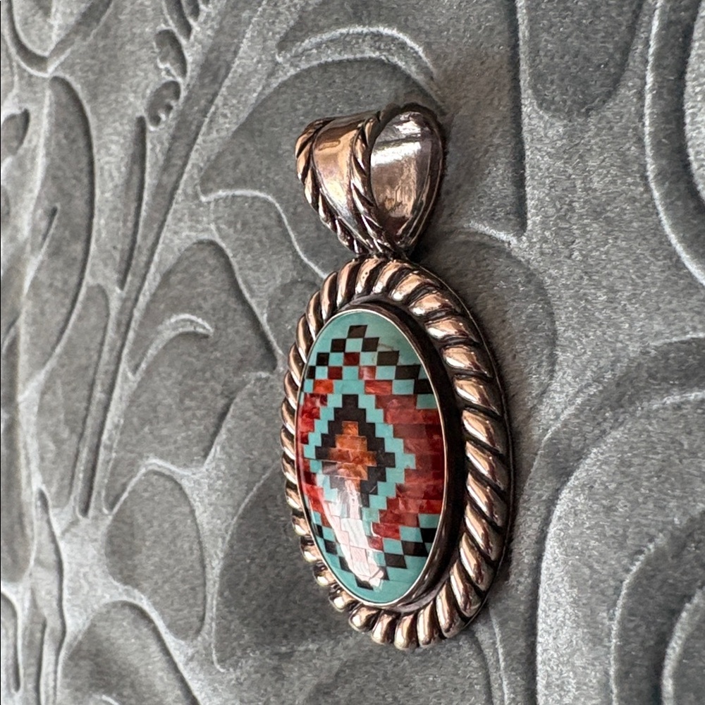 NWOT Carolyn Pollack / Sincerely Southwest Inlaid Silver/Turquoise/Black Pendant - Picture 8 of 13